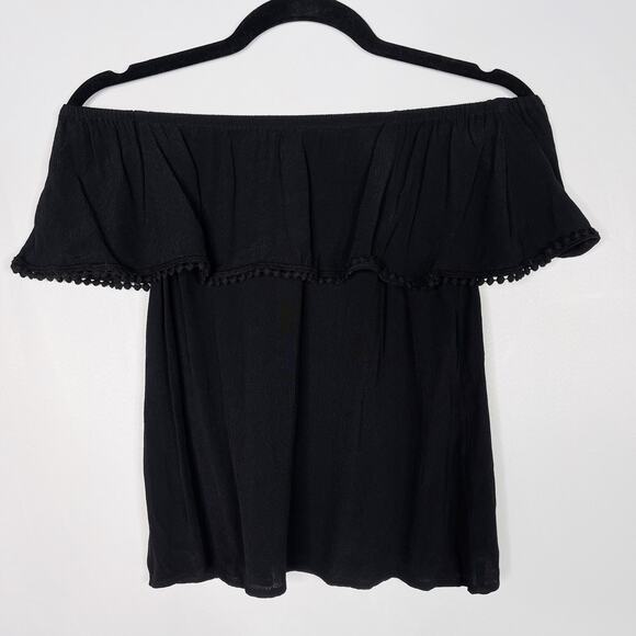 1 State XSmall XS Black Pom Pom Off The Shoulder Short Sleeve Blouse Top Womens - Picture 1 of 6